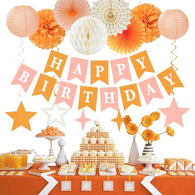 Orange Beige-Peach Fall-Boho Birthday Party-Decorations - 19pcs Neutral Women Girls Streamers Banner,Paper Star Garland Lanterns Honeycomb Fan,Tissue Pom Poms,Wall Ceiling Backdrop Supplies Ouruola