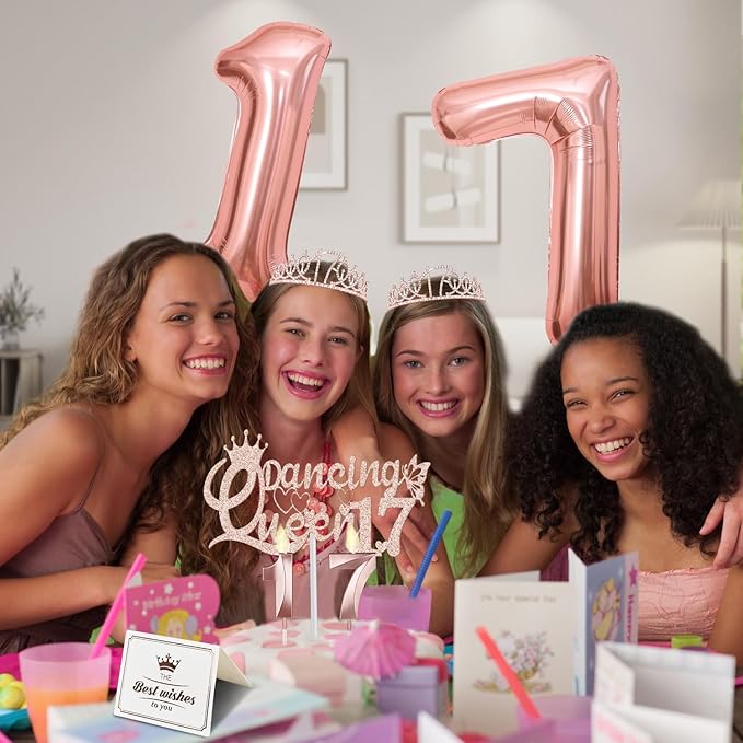 Dancing Queen Party Decorations 17 with Dancing Queen Sash and Tiara, Cake Topper and Candles, Number Balloons, 17th Birthday Decorations for Girls, 17 Year Old Gifts for Girls