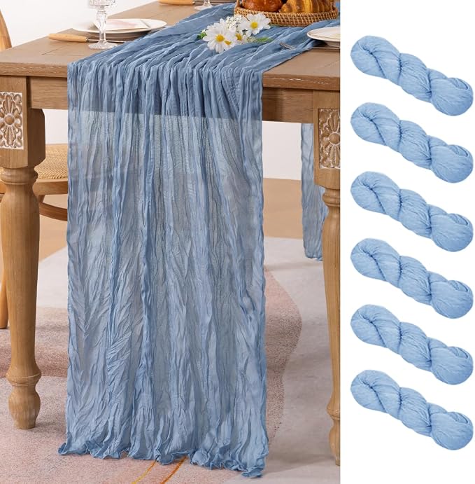 MLMC 6 Pack Dusty Blue Table Runner 10ft Boho Gauze Cheesecloth Table Runner Bulk 65x120 Inches Rustic Cheese Cloth Decor for Wedding Bridal Shower Baby Shower Party Decor