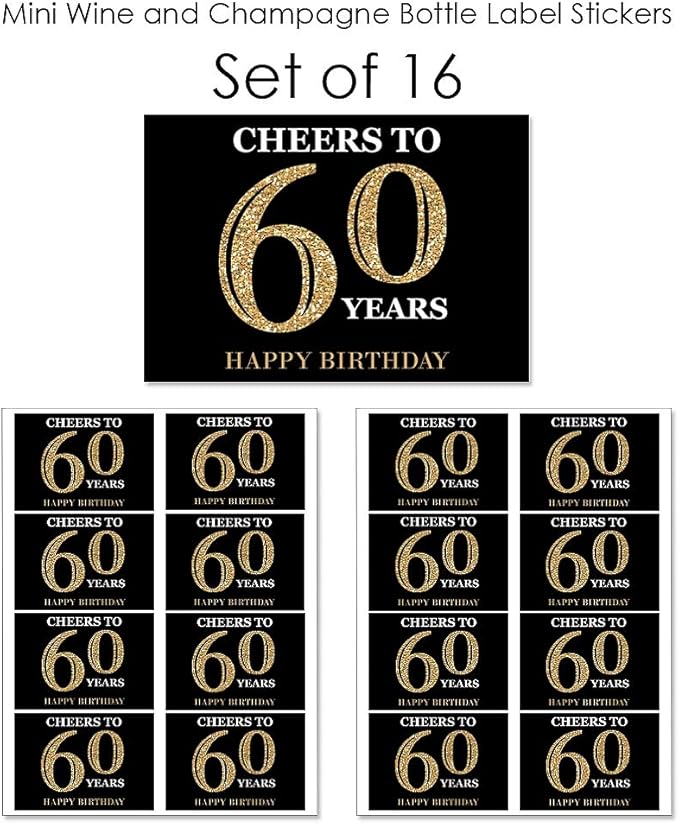Big Dot of Happiness Adult 60th Birthday - Gold - Mini Wine and Champagne Bottle Label Stickers - Birthday Party Favor Gift for Women and Men - Set of 16