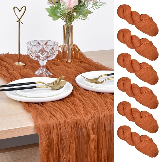 Joanlody Terracotta Cheesecloth Table Runner Spring Summer 10Ft Rustic Gauze Boho Cheese Cloth Table Runner for Wedding Bridal Baby Shower Decoration 6 Pack