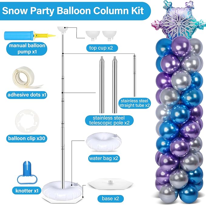2 Sets Snow Party Balloon Column Stand Kit with 102 Balloons Winter Wonderland 5.57ft Adjustable Balloon Tower Stand with Bases Snowflake Balloons Arch Column for Girl Princess Birthday Party Supplies