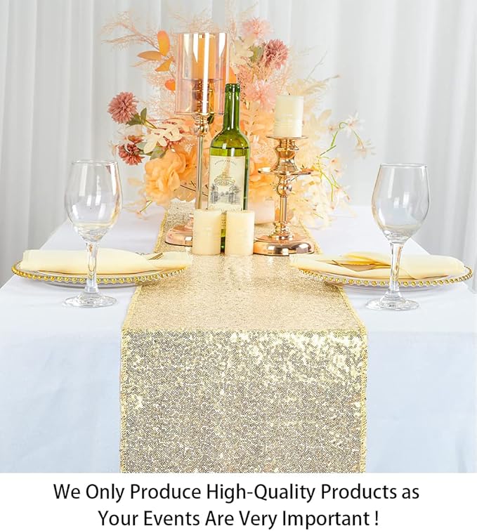 ShinyBeauty 12" x 108" Light Gold Sequin Table Runner | Elegant Dining & Coffee Table Decor | Perfect for Christmas, Weddings, and Parties | Durable & Sparkly Linen Table Runner