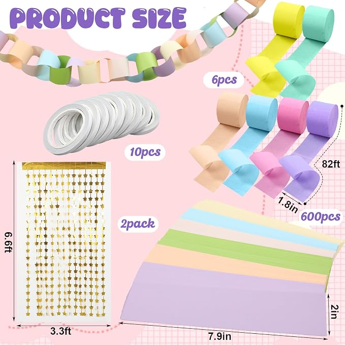 Gueevin Fancy Birthday Whimsical Party Decor 600 Sheets Pastel Paper Chain Garland 2 Pack Star Curtains 492 ft Pastel Crepe Paper Streamers Party Decor for Whimsical Fancy Birthday Supplies