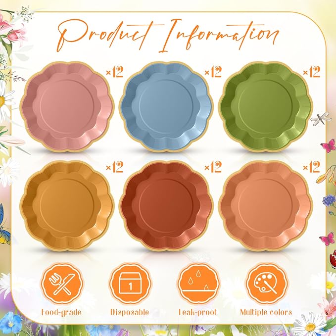 72 Pcs Wildflower Color Paper Plates 9 Inch Green Blue Orange Gradient Scalloped Paper Disposable Dinner Dessert Plates for Birthday Wedding Bridal Party Supplies, 6 Colors