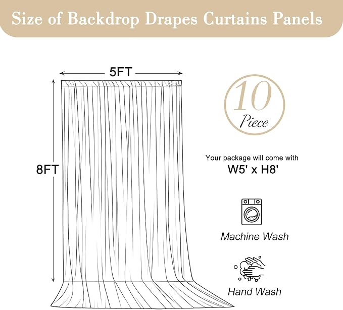 50x8ft Beige Backdrop Curtains for Parties Wedding Photo Wrinkle Free Polyester Photoshoot Curtains Drapes Backdrop for Birthday Baby Shower Graduation Stage Photography Background 10 Panels 5x8FT