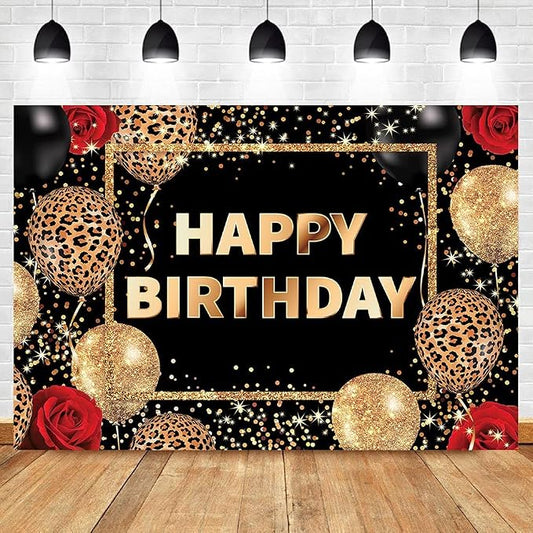 Leopard Print Happy Birthday Backdrop Black Gold Red Cheetah Print Banner for Woman Men Polyester Fabric 7Wx5H Balloon Rose Cool Party Celebration Photography Background Photo Shoot Props