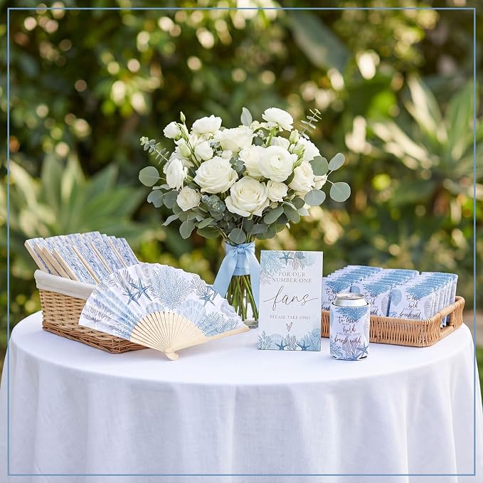 Hoteam 25 Sets Ocean Wedding Party Favors for Guests Bulk Including Blue Can Cooler and Paper Folding Fans with Wedding Decor Table Sign Cheers to Love for Bridal Shower Party Souvenir