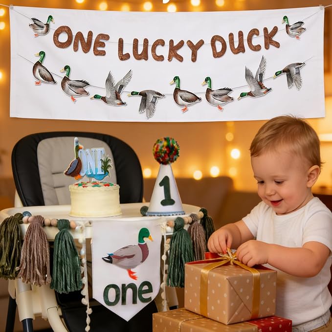 One Lucky Duck 1st Birthday Decorations- Mallard Duck Hunting High Chair Banner，One Lucky Duck Highchair Banner First Birthday with Cake Topper, Party Hat Mallard Duck Birthday Party Supplies