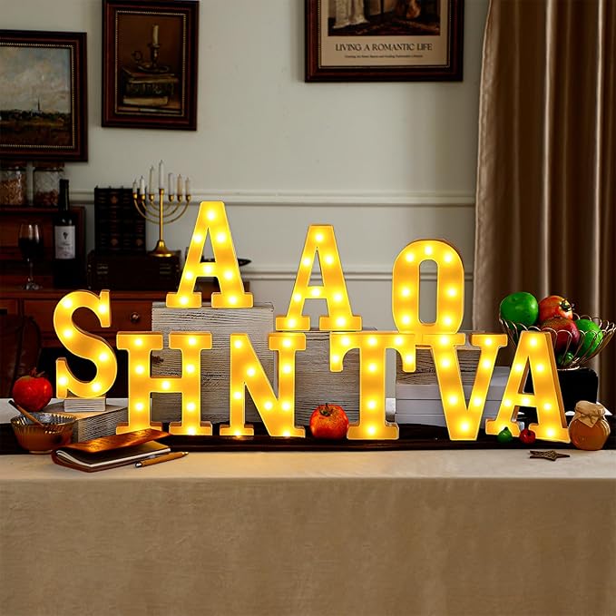 Aurelema 9 Pcs Shana Tova Large LED Letter Signs Rosh Hashanah Decor LED Lights Battery Powered Shana Tova Party Table Decorations for Party Rosh Hashanah Tabletop Decorations
