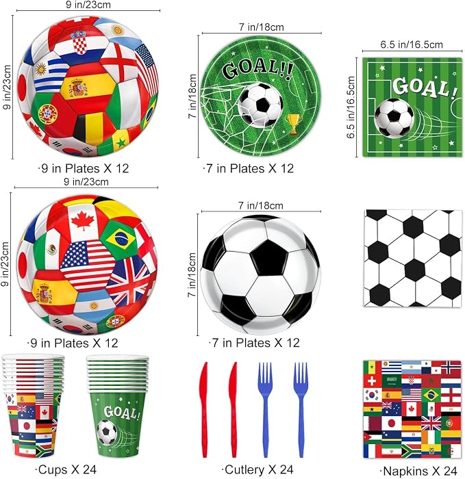 Soccer Birthday Party Decorations Includes Plates, Napkins, Cups, Banner, Hanging Swirls, Tablecloths, Balloons, Cupcake Toppers for 2026 Soccer Party Decorations, Serves 24