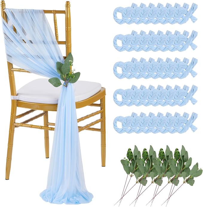 QueenDream Light Blue Sashes Wedding Chair Decorations: 50PCS Tulle Chair Cover Bands Aisle Sheer Bows for Birthday Party Banquet