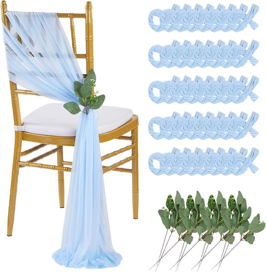QueenDream Light Blue Sashes Wedding Chair Decorations: 50PCS Tulle Chair Cover Bands Aisle Sheer Bows for Birthday Party Banquet