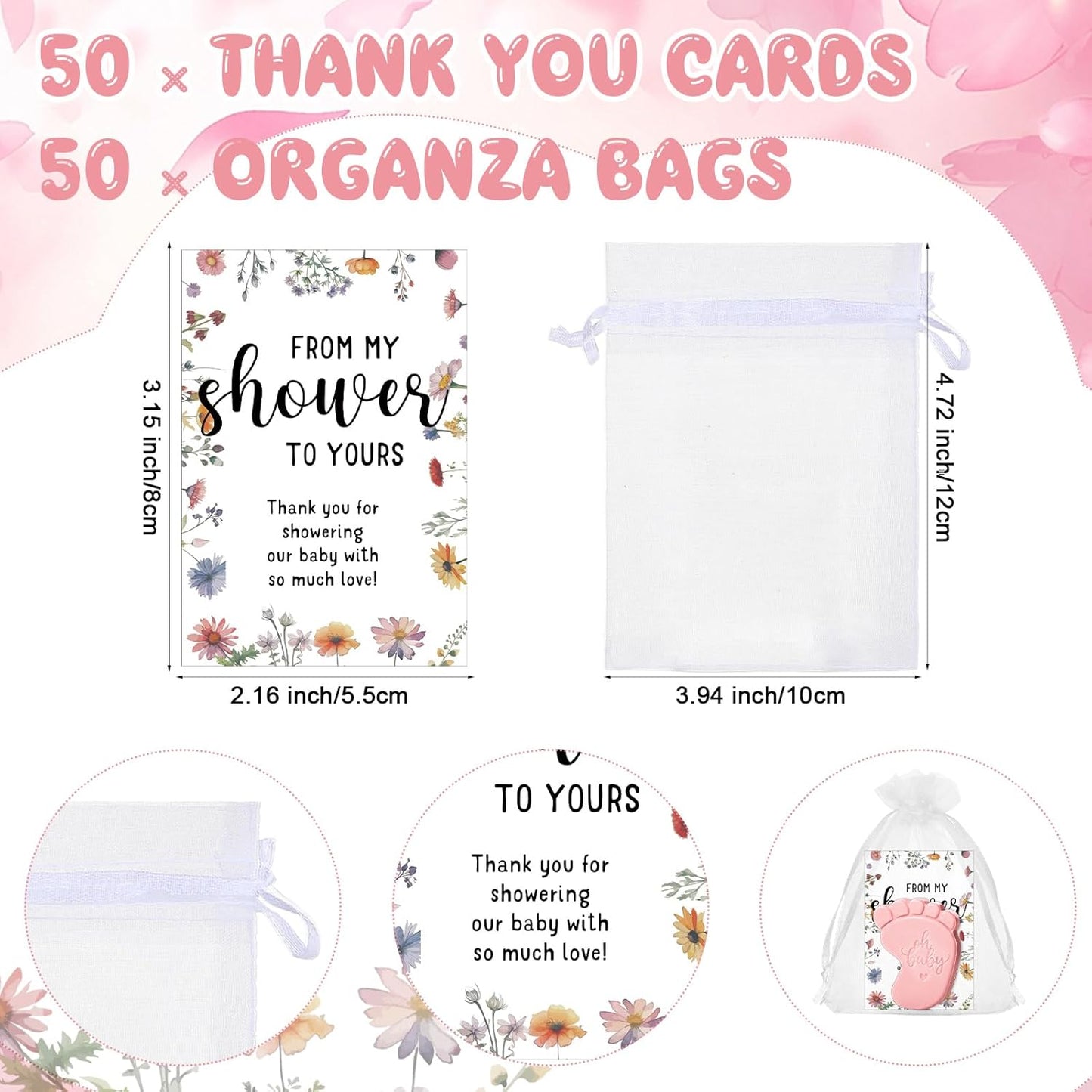 50 Sets Baby Shower Soap Favors for Guests - Mini Handmade Footprint Scented Soap with Thank You Cards and Organza Bag, Party Gifts for Gender Reveal Baptism Shower(Pink)