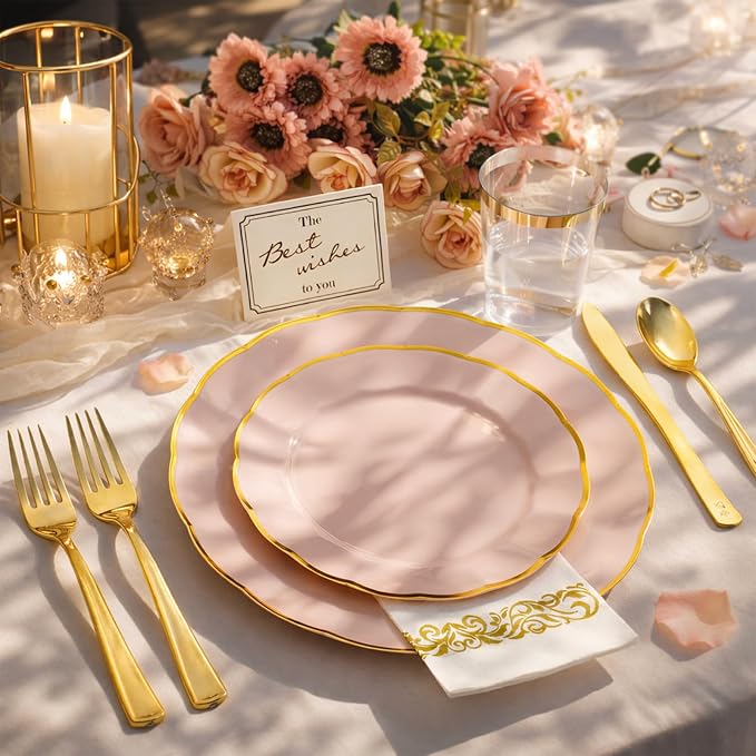 LIYH 350 Pcs Pink Plastic Plates for Party Pink Plastic Dinnerware Set for 50 Guest 100 Disposable Plates 150 Gold Plastic Silverware 50 Gold Cups 50 Napkins Perfect for Wedding Birthday