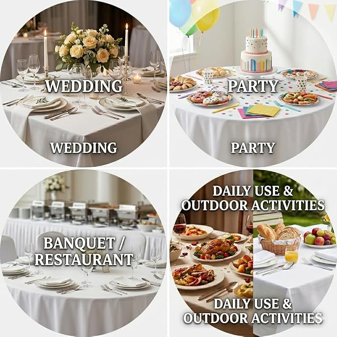 6 Pack White Round Tablecloths 120 inch -Polyester Table Covers for 60 inch Circular Tables, Floor Length Drop - Wrinkle & Stain Resistant, Washable for Wedding, Banquet, Party, Events