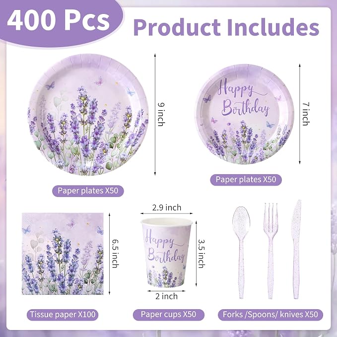 400 Pcs Purple Lavender Birthday Decorations for 50 Guests, Lavender Floral Butterfly Paper Plates Napkins and Cups Set with Cutlery, Lilac Tableware for Spring Birthday Party Supplies