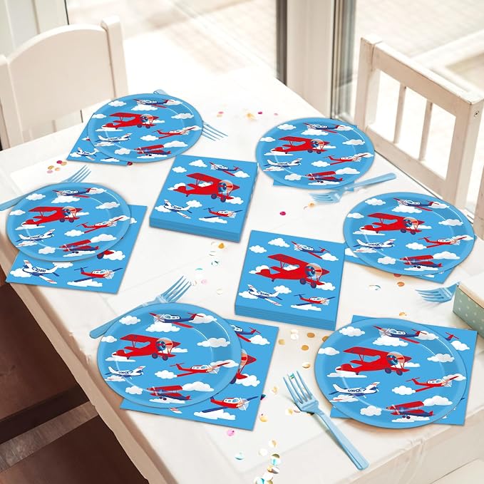 Qyeahkj 50 Guests Airplane Plates and Napkins Party Supplies Plane Party Decorations Disposable Tableware Set Blue Sky Helicopter Paper Cake Dessert Dinnerware Favor for Kids Boys Baby Shower, 200PCS
