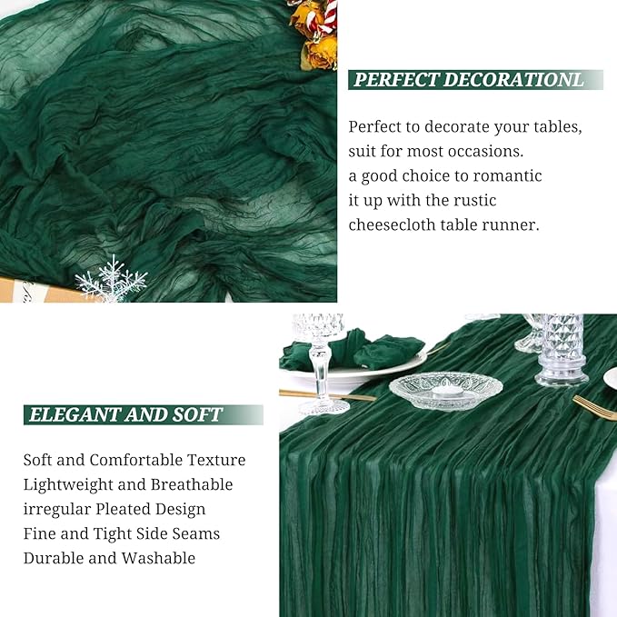 Pesonlook 16 Pack Cheesecloth Table Runner, 10Ft Boho Gauze Table Runner 35×120 Inch Rustic Romantic Long Table Runner for Wedding Party Bridal Shower Thanksgiving Christmas Decoration(Emerald Green)