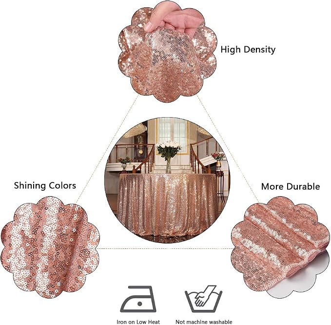 Juya Delight 90'' Round Rose Gold Sequin Tablecloth for Wedding Birthday Party Festival Ceremony Dessert Table