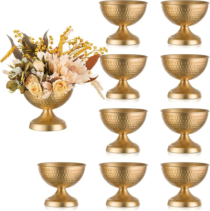 Sziqiqi Urn Vases for Wedding Centerpiece - 5.9in High Gold Metal Vase Set of 10 Small Vintage Flower Arrangement Pots for Table Centerpieces Elegant Hammered Compote Vase for Anniversary Party