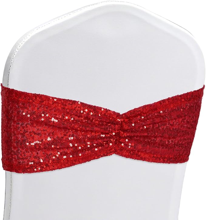 Eternal Beauty Set of 100 Sequin Bow Sashes Red Chair Sashes for Wedding Hotel Party Banquet Chair Cover Decorations