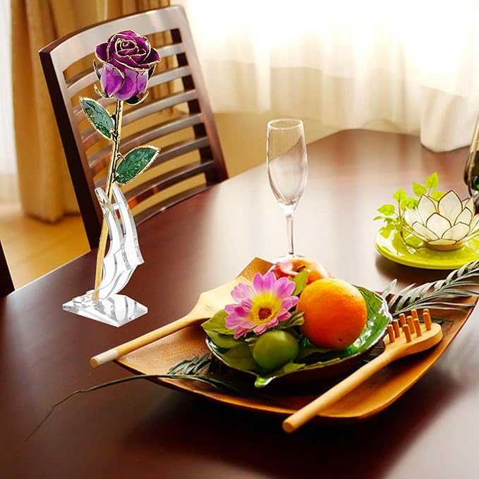 Gold Rose, 24K Gold Dipped Real Rose is Attractive Luster and Natural Shape, Best Gifts for Anniversary Wedding Valentines Day (Purple Original Rose with Stand)