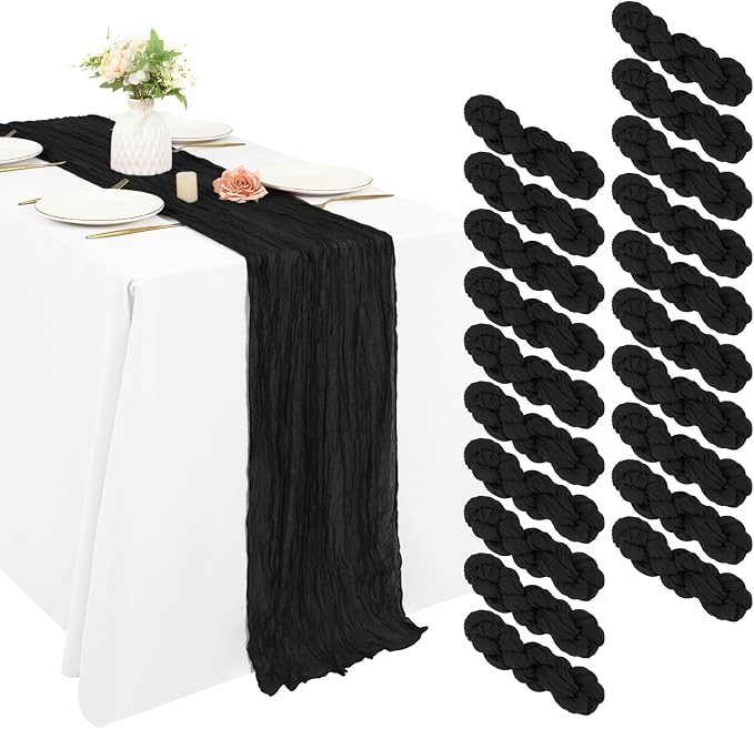 20 Pack Cheesecloth Table Runner 17 x 108 inch Long Boho Gauze Table Runners Semi Sheer Table Runner for Wedding Decor, Baby Shower, Birthday Party, Banquet (Black)