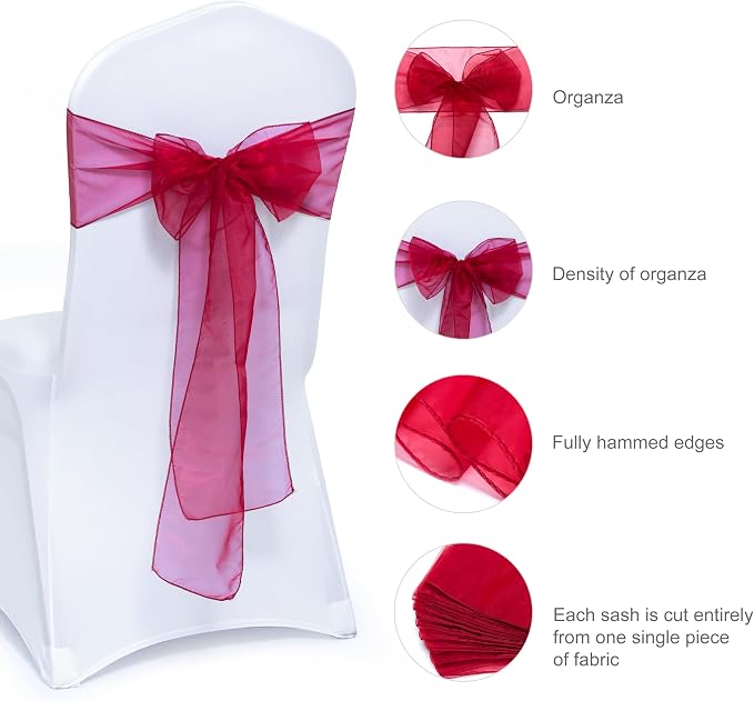 MDS® Pack of 250 Organza Chair Sashes for Wedding Decoration, Reusable Sheer Chair Bows for Banquet Chair Cover, Reception, Bridal Shower, Baby Shower, Birthday Party & Special Events - Maroon