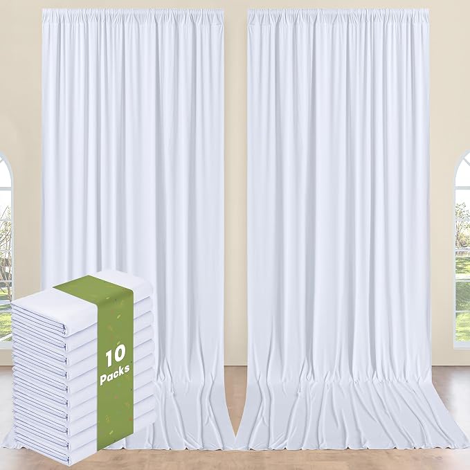 10 Panels 5x12ft White Backdrop Curtains for Wedding Parties, Wrinkle Free Polyester 12 ft Long Photo Backdrop Drapes Back Drop Cloth Drapery for Birthday Baby Shower Ceremony Photography Background