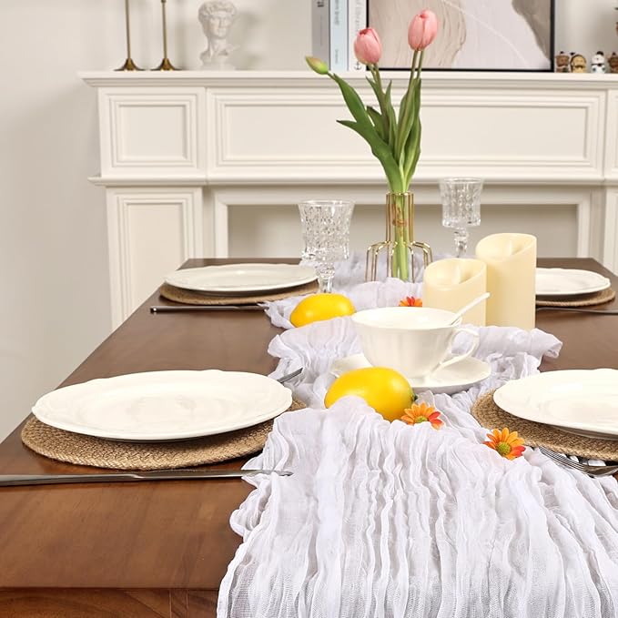 16 Pack White Cheesecloth Table Runner 10ft Boho Gauze Fabric 120 Inch Cheese Cloth Table Runner Rustic Sheer for Holiday Baby Shower Party Décor Home Wedding Decoration