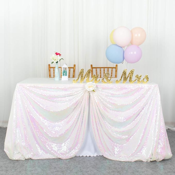 Sequin Tablecloth Rectangle 50x72-Inch Iridescent White Table Cloths for Parties Rectangular Table Cover Overlay Glitter White Birthday/Baby Shower/Tea Party Decor