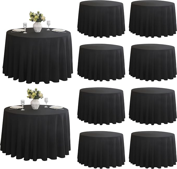 10-Pack Round 90-inch Black Table Cloths, Solid Stain and Wrinkle Resistant Circular Tablecloth, Premium Plain Weave Polyester Fabric Table Linen Covers for Hotel, Banquet