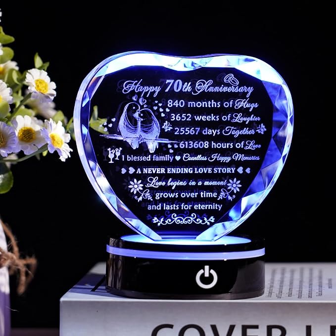 YWHL 70th Wedding Anniversary Crystal Gift For Couple Parents With LED Base, 70th Anniversary Heart Keepsake For Wife, Husband, Grandparents, Laser Engraved 70 Years Of Marriage Gift For Her, Him