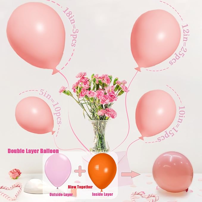 Double Stuffed Pink Balloon Arch, Double Pink Balloons Different Sizes 18/12/10/5 Inch,Pastel Pink Balloons Garland for Boho Party, Baby Shower, Birthday, Weddings, Neutral Party Deco(Barely Pink)