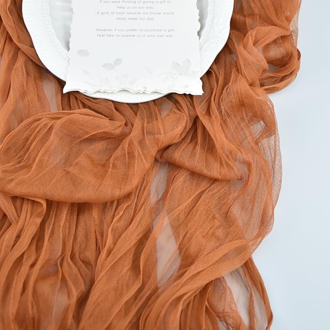 Joanlody Terracotta Cheesecloth Table Runner Spring Summer 10Ft Rustic Gauze Boho Cheese Cloth Table Runner for Wedding Bridal Baby Shower Decoration