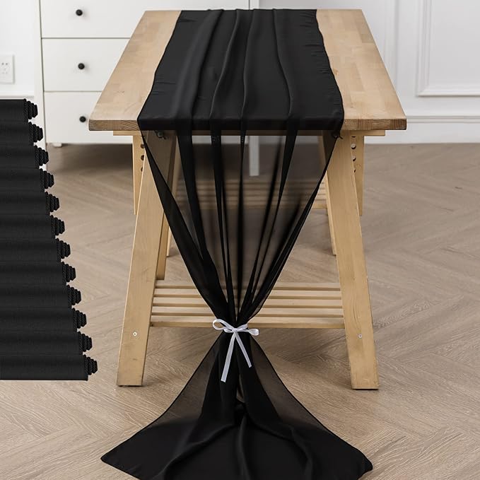 12Pack 9ft Chiffon Table Runner 14x108 Inch Sheer Romantic Table Runner for Wedding Birthday Party Bridal Shower Outdoor Decoration-Black