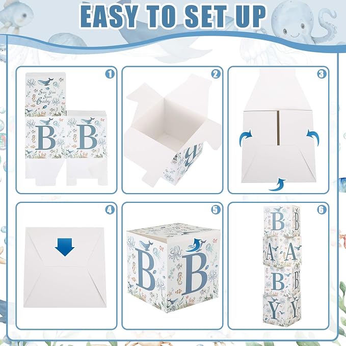Qunclay 4 Pcs Sea You Soon Baby Shower Decorations Under the Sea Boxes with Letters Stackable for Baby Shower Blue Decorations Gender Reveal Decoration Photo Prop Ocean Animal Nursery Decor