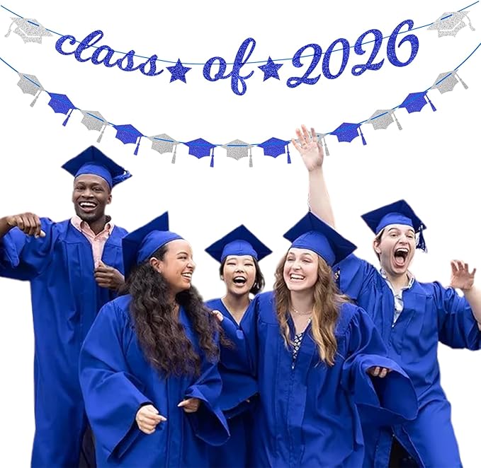 Navy-Blue White Silver Graduation Party-Decorations Garland - 31pcs Congrats Grad Class 2026 Banner,Hat Hanging Streamers,College High School Congratulations Master Classroom Backdrop Decor Burgleda