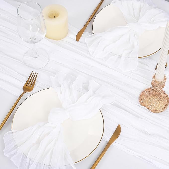 10 Pack White Table Runner 10Ft Cheesecloth Table Runner Boho Gauze Table Runners Romantic Long Sheer Fabric Cheese Cloth Table Runners for Wedding Party Bridal Shower(White)