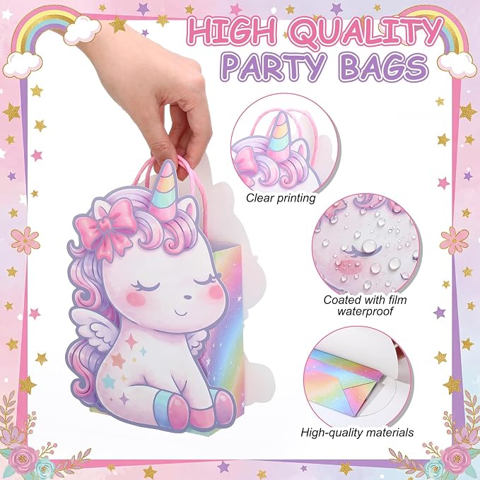 Tosstuki 12 Pcs Unicorn Birthday Party Favor Bags 3D Paper Cute Rainbow Horse Gift Treat Bags with Handle Kraft Paper Decorations for Unicorn Themed Party Candy Treats, Events Decorations & Supplies