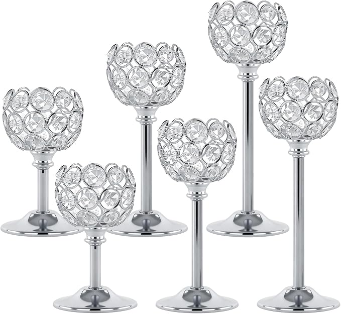 Silver Crystal Candle Holders Candlestick Holders - 2 Sets Tall Bling Bowl Candelabra Centerpieces for Dining Table, Wedding, Party & Fireplace Mantel Decor,6Pcs