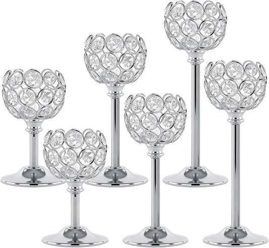 Silver Crystal Candle Holders Candlestick Holders - 2 Sets Tall Bling Bowl Candelabra Centerpieces for Dining Table, Wedding, Party & Fireplace Mantel Decor,6Pcs