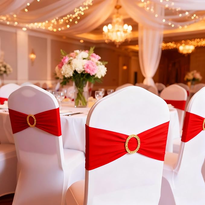 Pack of 100 Spandex Red Chair Sashes with Gold Buckles, Stretch Chairs Sashes for Wedding Party Baby Shower Ceremony Event Decorations Chair Bands Bows (Red Sashes, Gold Buckles)