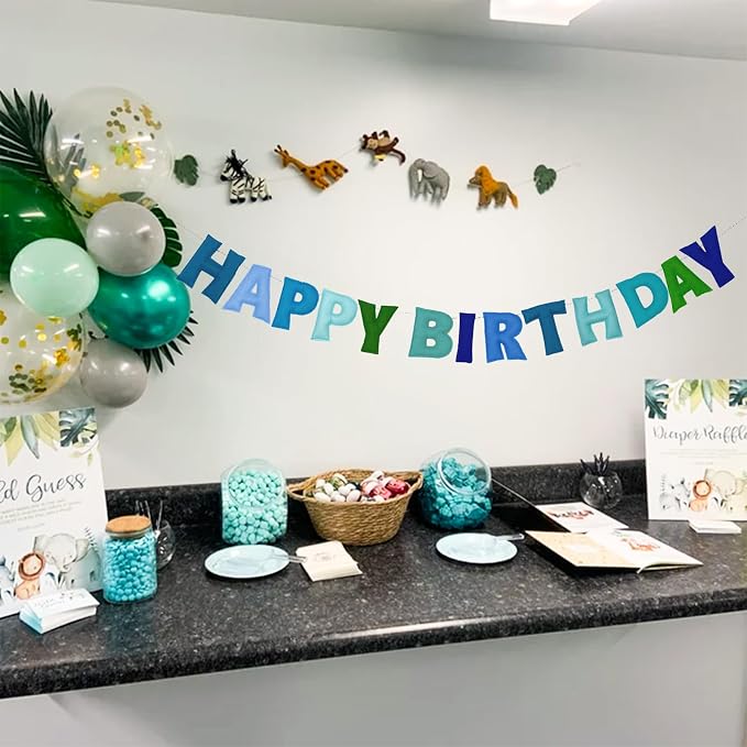 Pre-Strung Happy Birthday Banner - Felt Ball Garland, Rainbow Party Decorations, HAPPY BIRTHDAY Garland, Personalized Birthday Sign for Birthday Decor, Party Decor, Photo Prop (Blue Happy Birthday Banner)