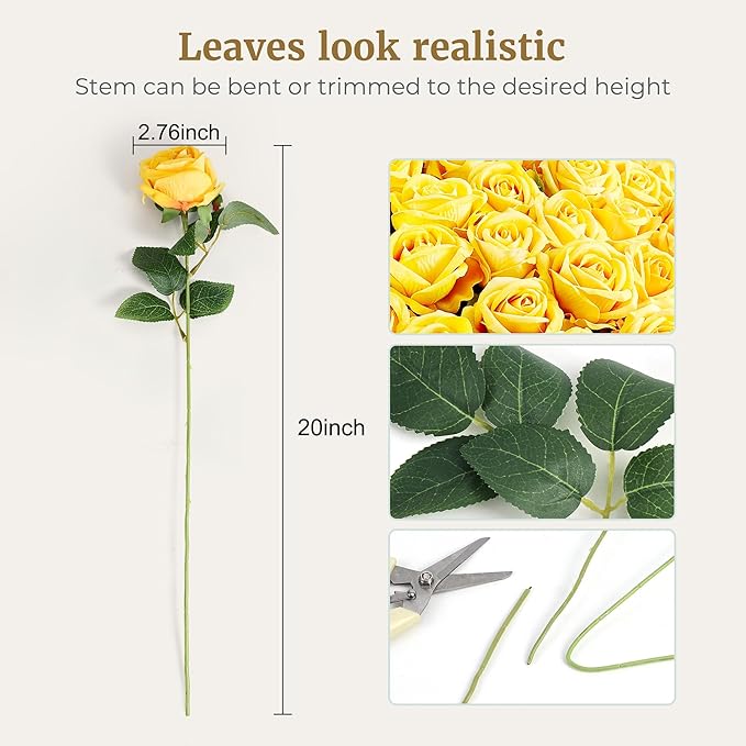 Auihiay 60PCS Yellow Roses Bulk, Yellow Velvet Silk Fake Roses, Realistic Flowers for Wedding Centerpieces, Bridal Bouquets, Home Decor, Baby Shower,Spring Easter Party Decorations