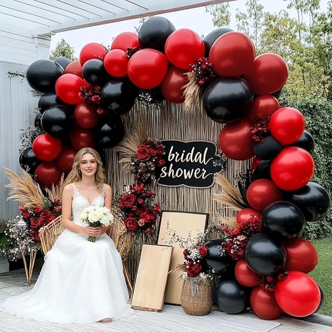 Black Red Balloon Garland Double Stuffed Burgundy Black Balloons Maroon Ruby Red Balloon Arch for Birthday Wedding Bridal Bachelorette Mother's Day Graduation Party Decorations