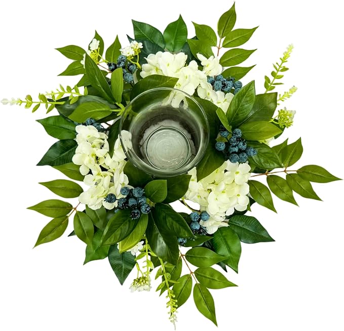 All Season Floral Arrangement Centerpiece for Table Glass Candle Holders with Artificial Hydrangea Flowers Blueberry Eucalyptus Leaves for Dining Room Indoor Outdoor Home Decor