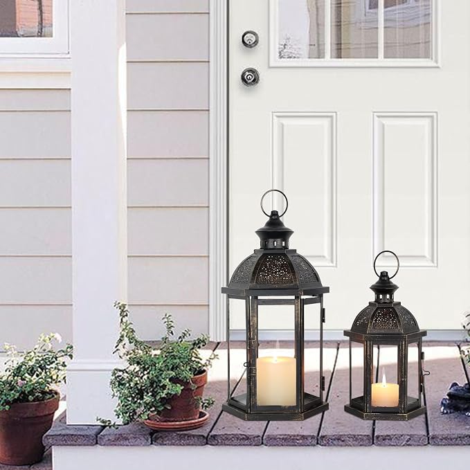 Large Lantern Decorative Outdoor & Indoor, Set of 2 (15’’&11’’) Metal Candle Lanterns Decor, Vintage Hanging Candle Holder for Front Porch Patio Wedding Farmhouse Home, Spring Decoration