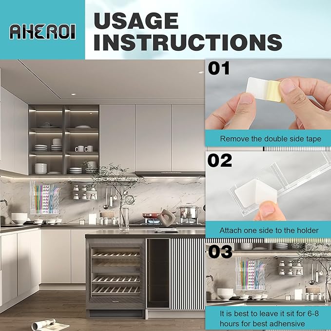 Aheroi 2 Pack Straw Holder, 9.5” Large Acrylic Straw Holder for Cabinet Door with 40pcs Label Stickers &15pcs Adhesive Tape, Reusable Sign Holders Organizer for Kitchen Accessories Storage